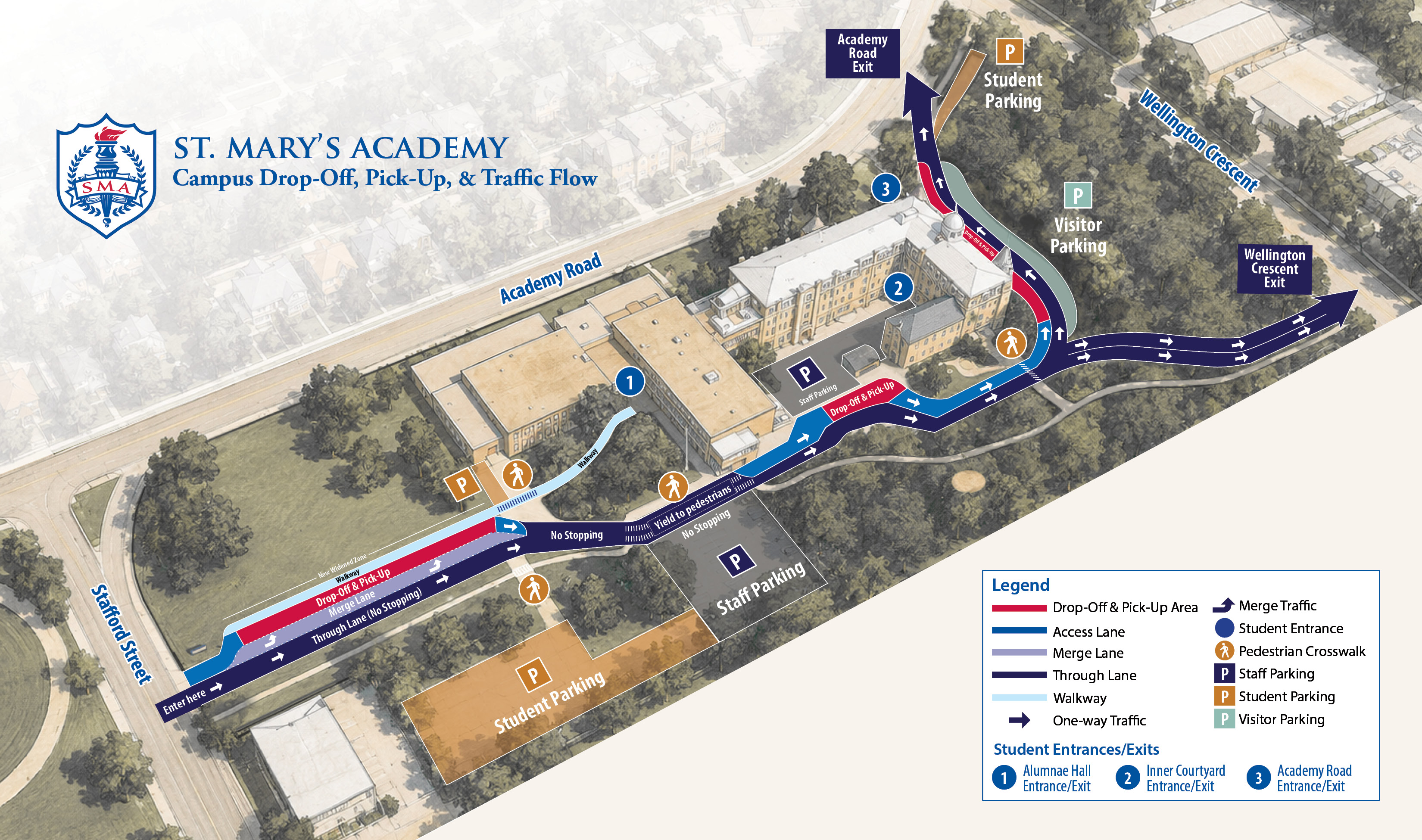 an aerial view of St. Mary's Academy with a drop-off and traffic flow guidelines