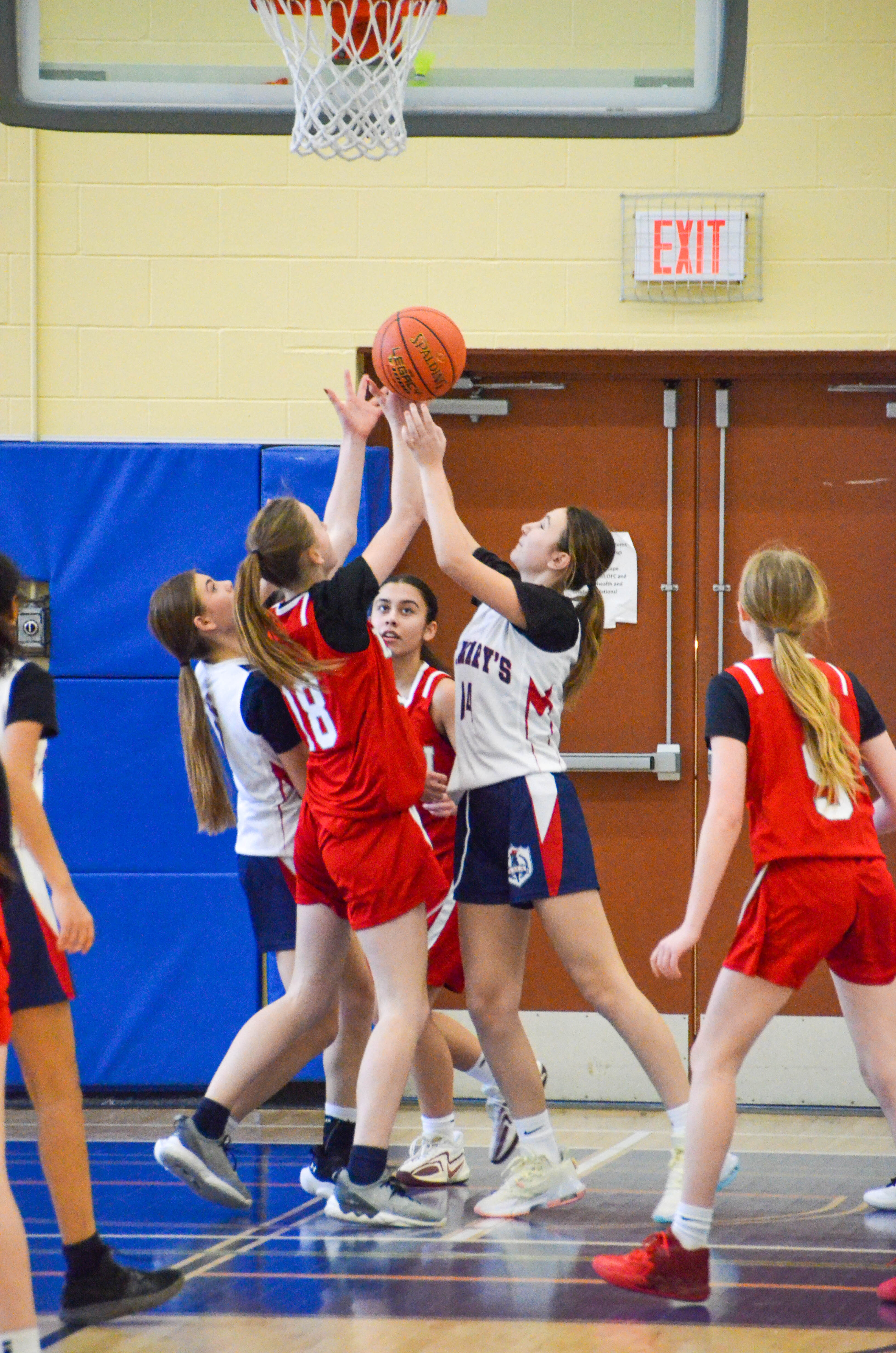 Girls wearing jerseys playing basketball