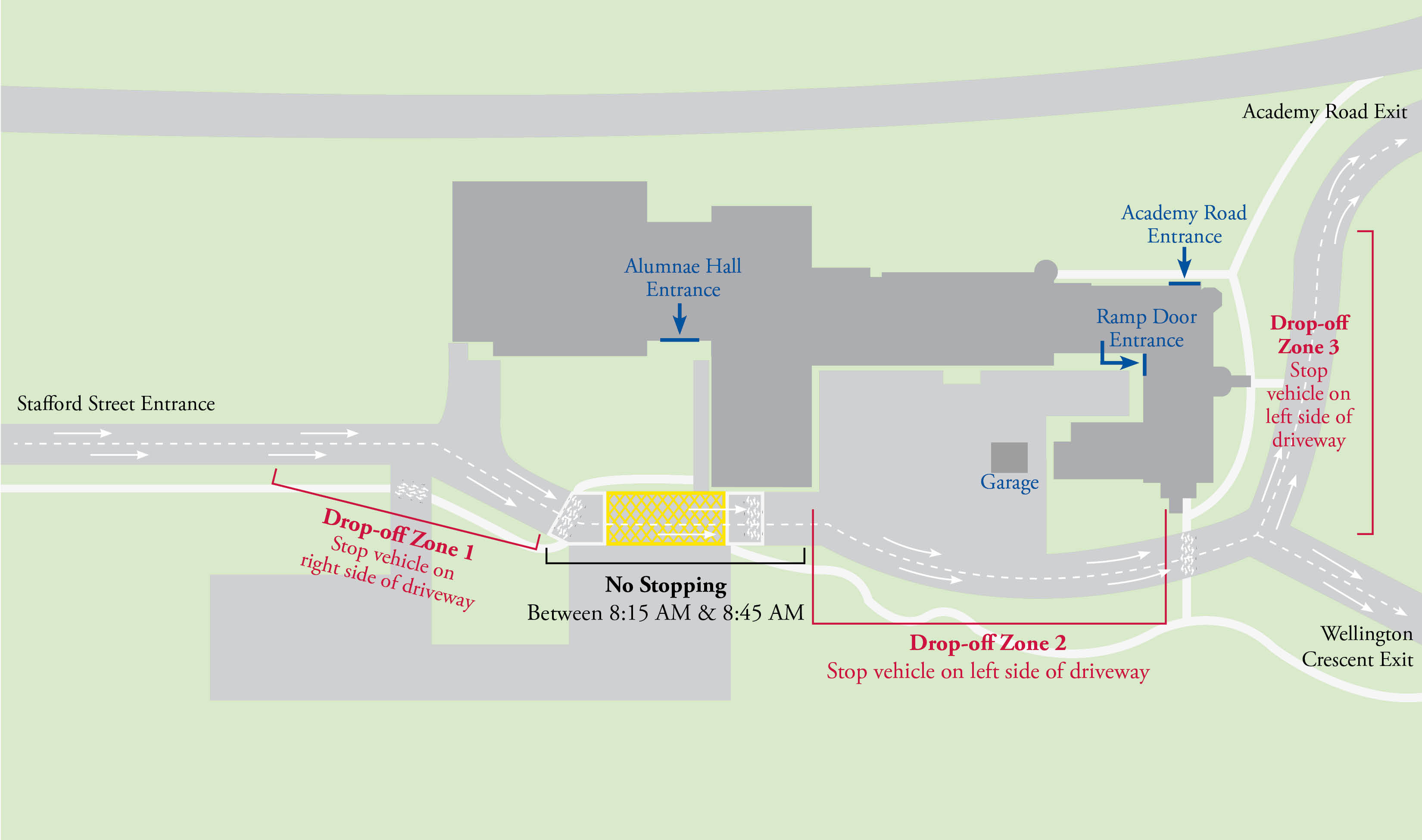 Illustrated St. Mary's Academy campus map highlighting drop-off zones.