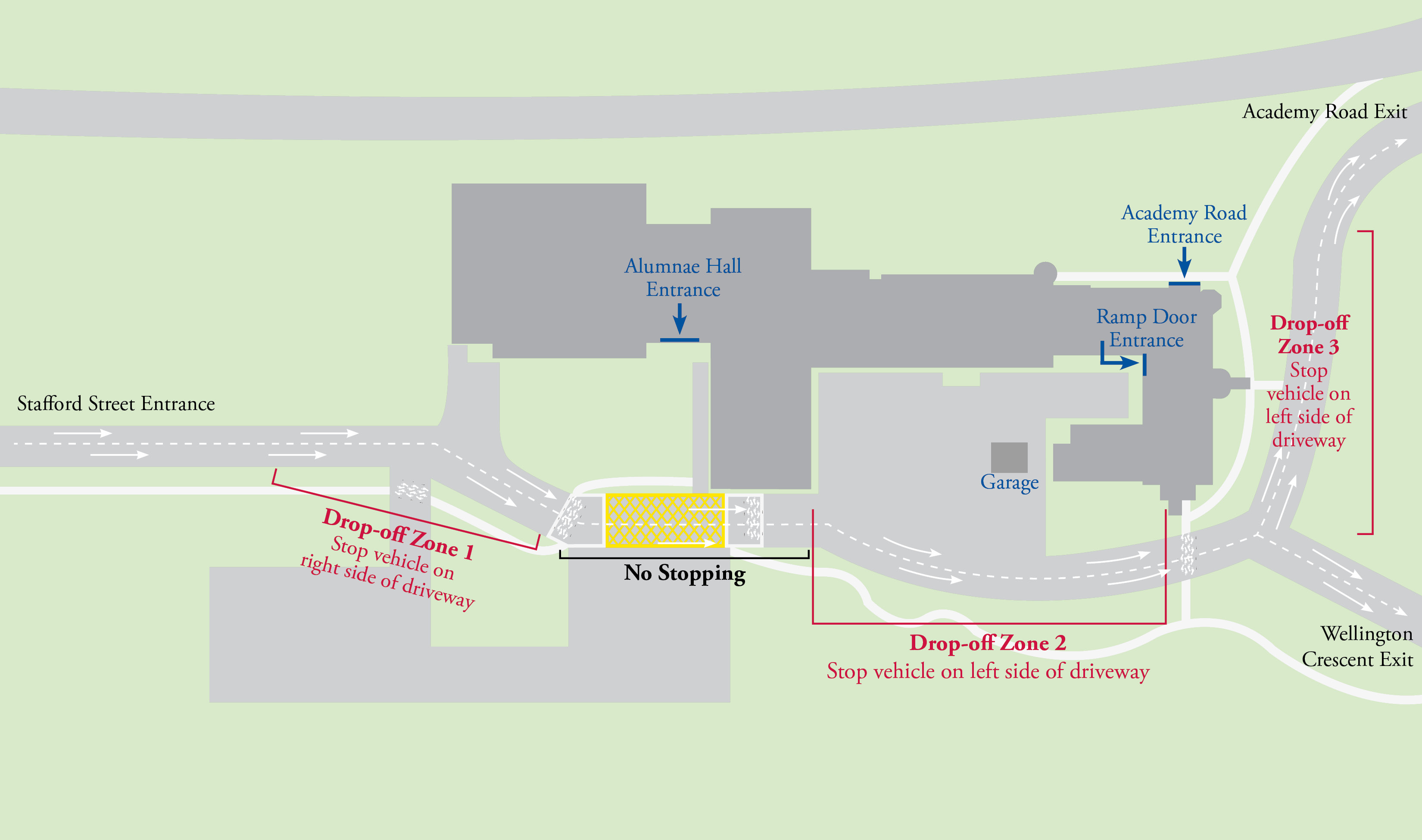 Illustrated St. Mary's Academy campus map highlighting drop-off zones.