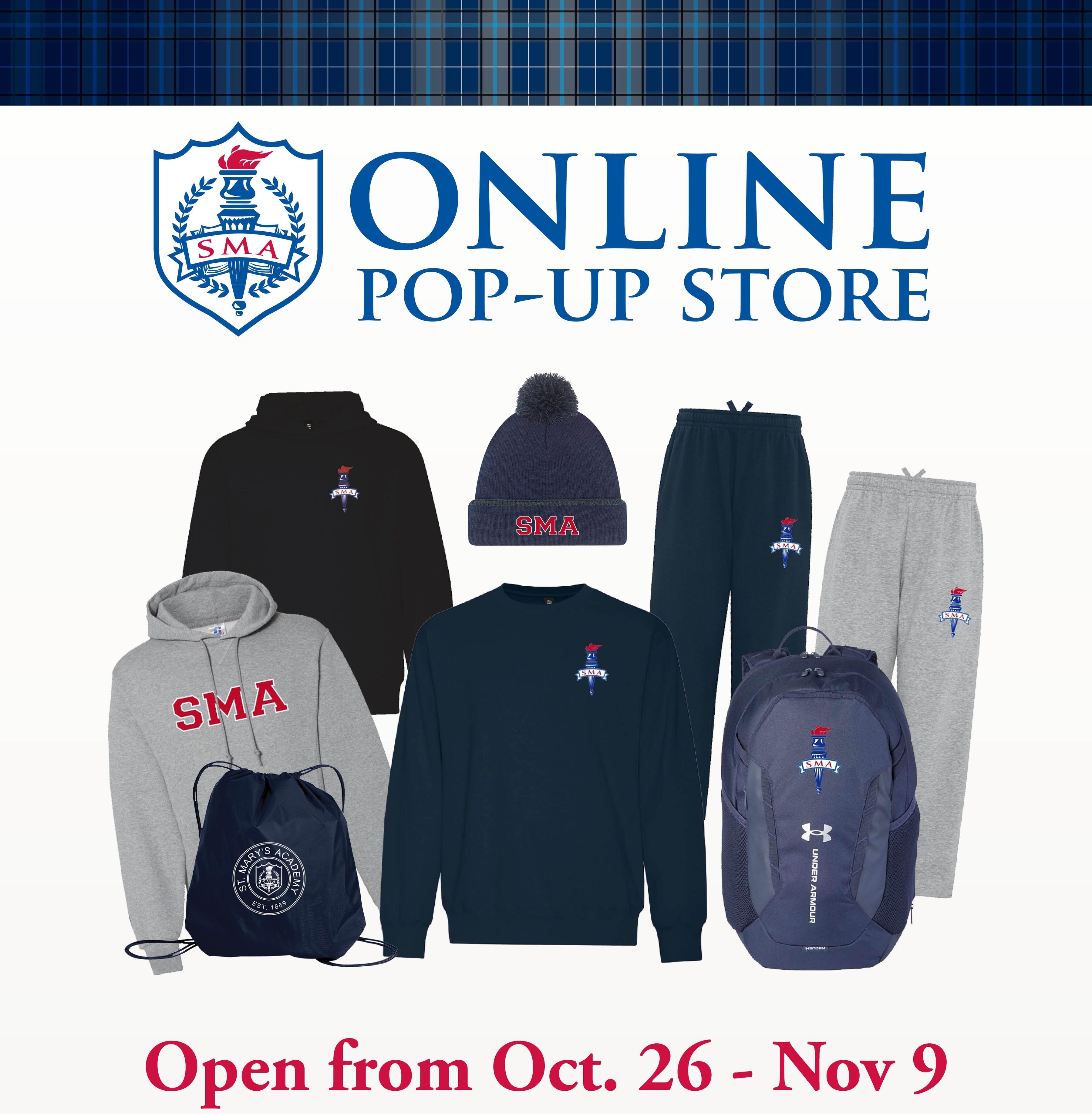 a collage of SMA merchandise with the words "Online Pop-up Store, Spring Sale" on top of the images.
