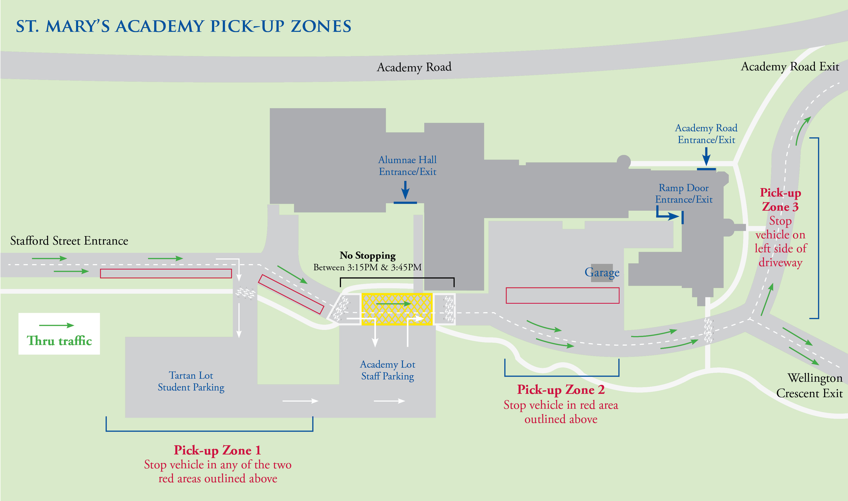 Illustrated St. Mary's Academy campus map highlighting pick-up zones.