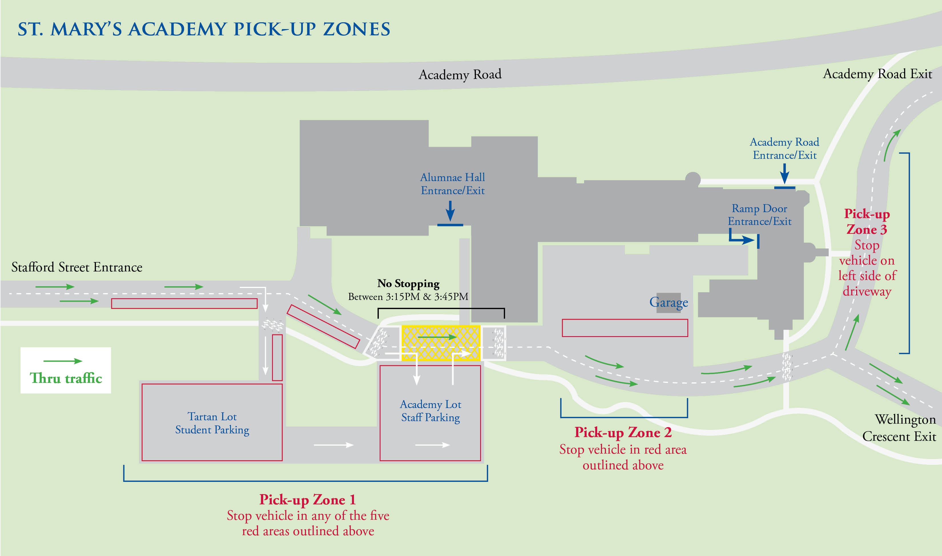 Illustrated St. Mary's Academy campus map highlighting pick-up zones.