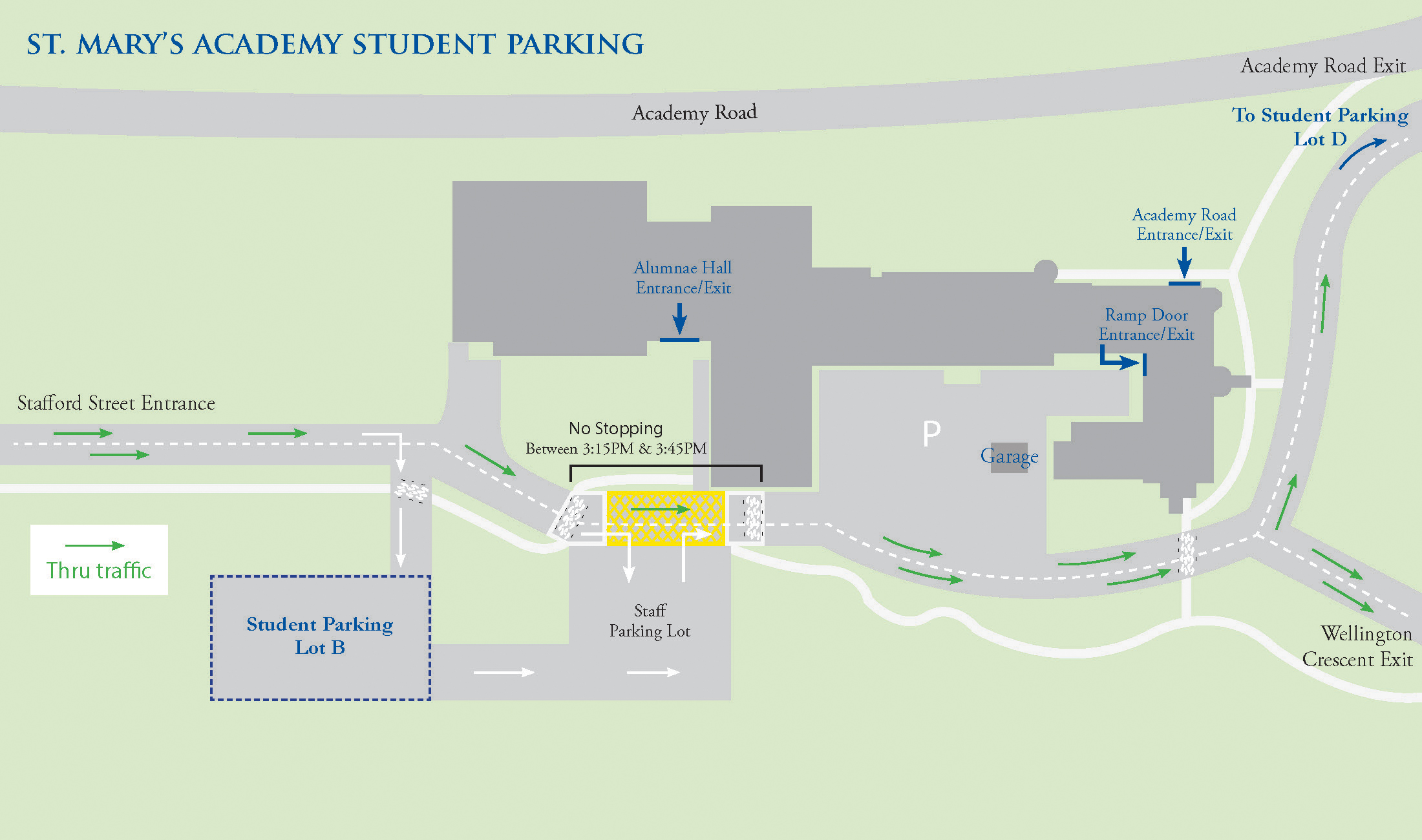 A map of student parking at the St. Mary's Academy campus.